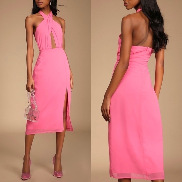 Lulus Flirty Chic Bright Pink Cutout Twist-Front Halter Midi Dress NWT LARGE - Picture 1 of 11